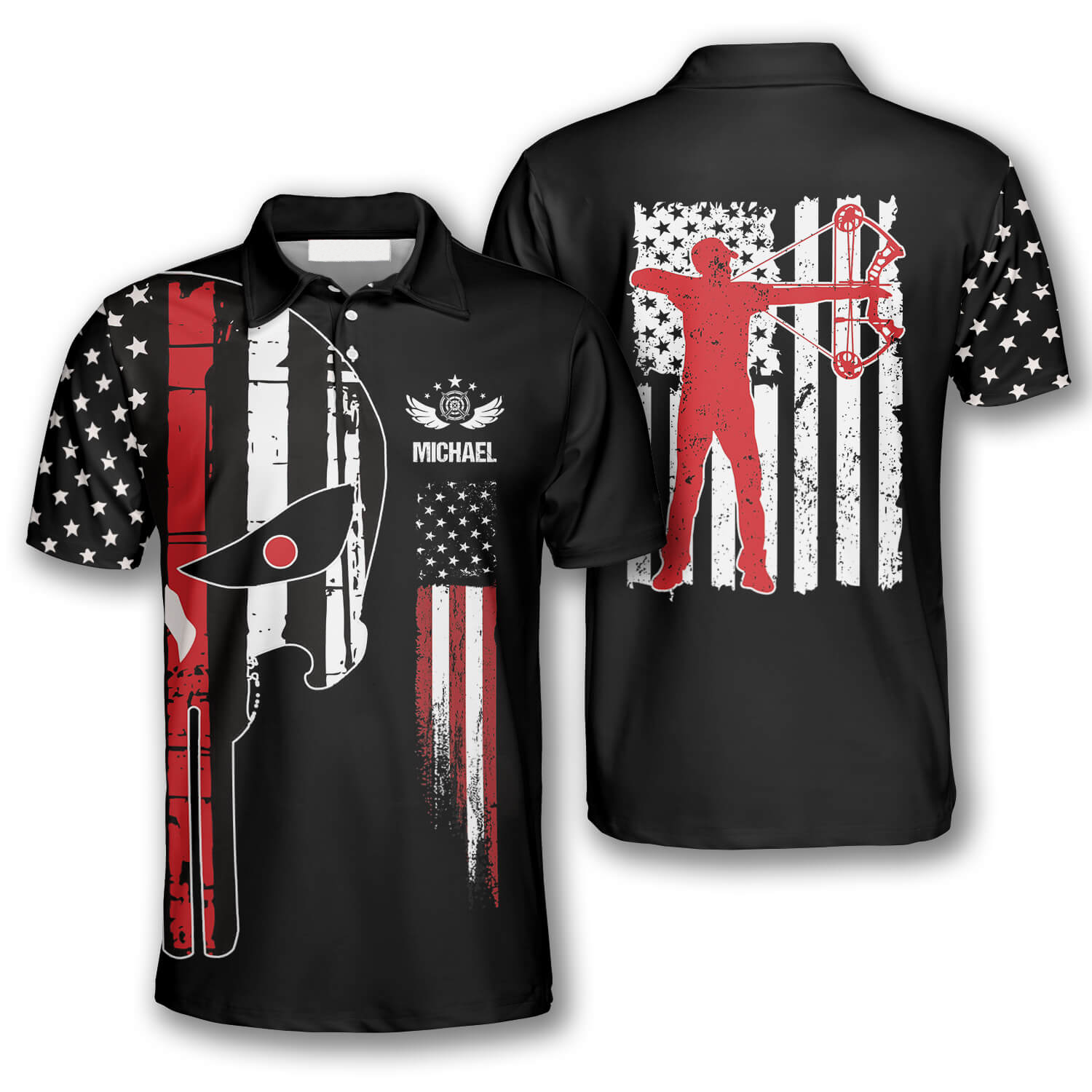 Punisher Skull American Flag American Custom Archery Polo Shirts For Men, Flag Shirt, Archery Shirt