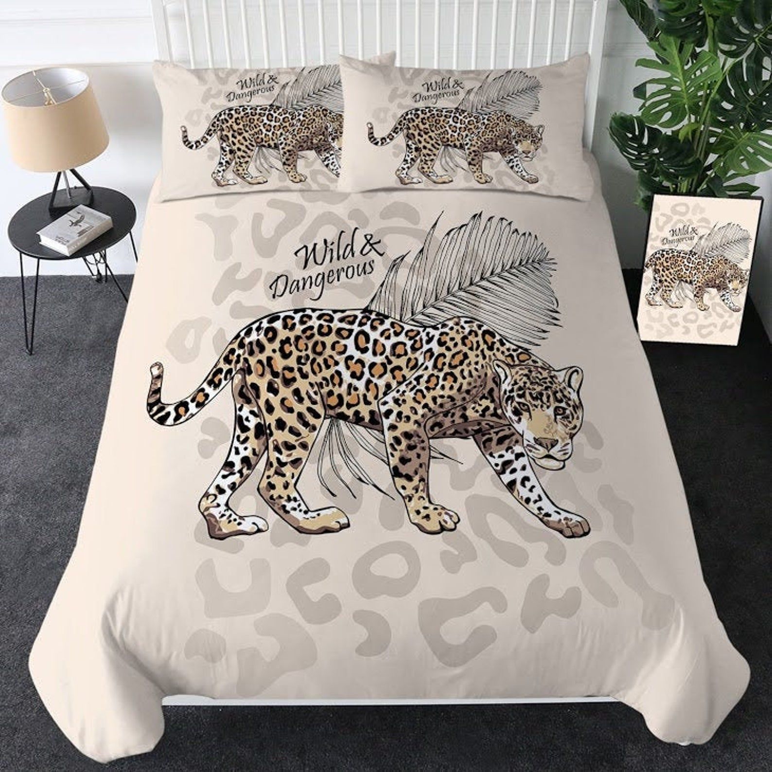 Wild Leopard Quilt Cover 3D Leopard Duvet Cover Bedding Set Wild And Dangerous Palm Leaf