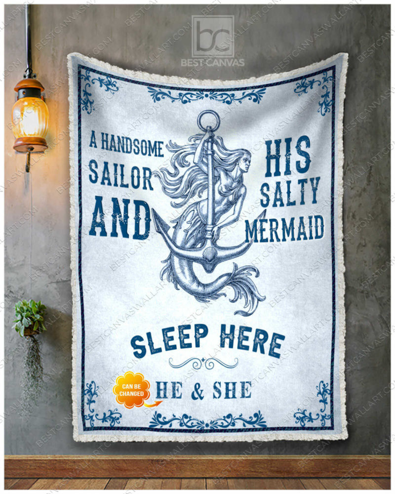 A Handsome Tailor And His Salty Mermaid Sleep Here Personalized Fleece Blanket