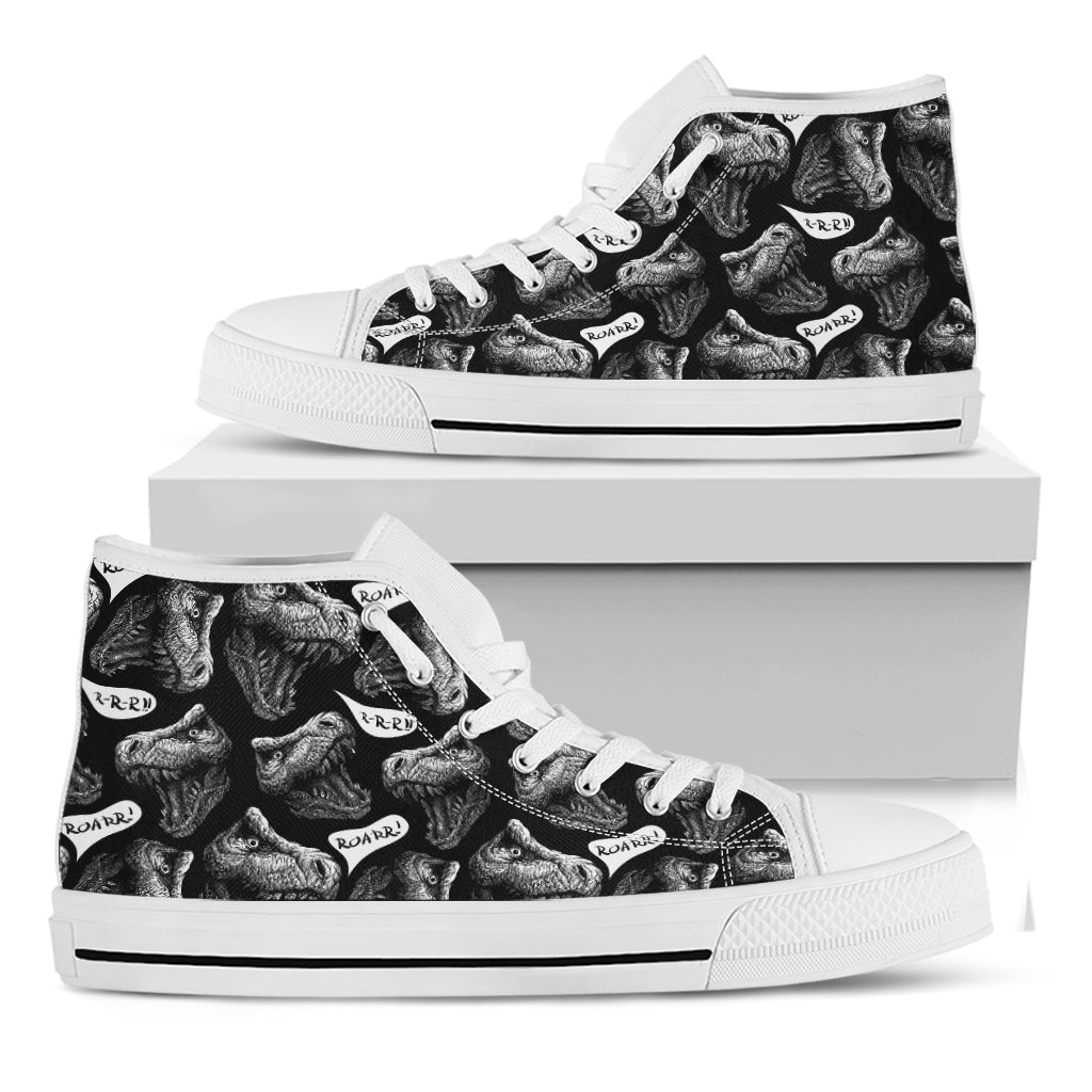 Black And White T-Rex Dinosaur Print White High Top Shoes