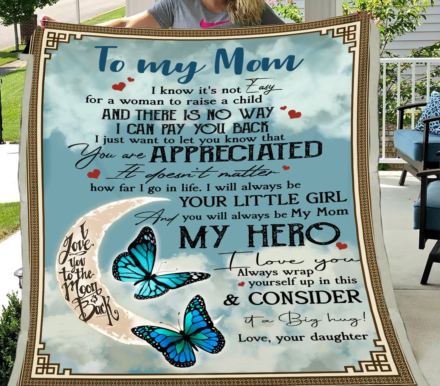 To My Mom I Know It’S Not Easy For A Woman To Raise A Child, Blue Butterfly Fly To The Moon Fleece Blanket Home Decor Bedding Couch Sofa Soft And Comfy Cozy Gift From Daughter