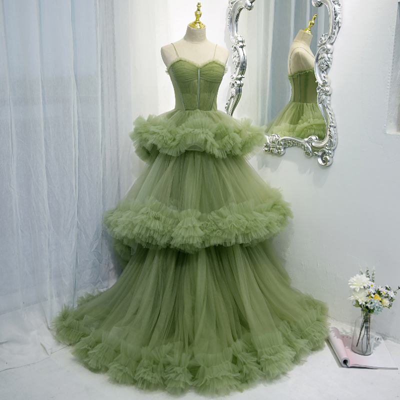 SSYFashion New Avocado Green Prom Dress Romantic Sweetheart A-line Floor-length Tiered Cake Style Evening Party Gowns Vestidos alx