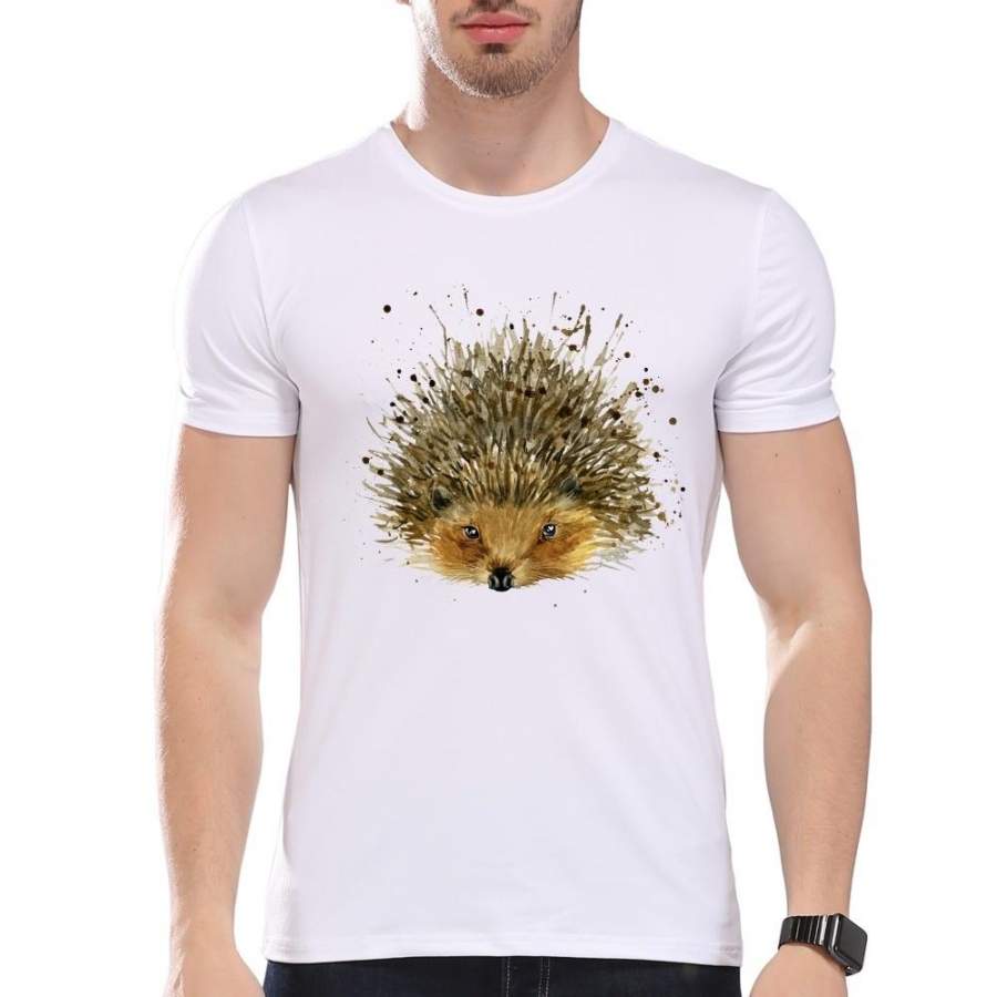 Men’S Casual Art Style Cute Watercolor Hedgehog Print T-Shirt Men Summer Modal Hipster Tees