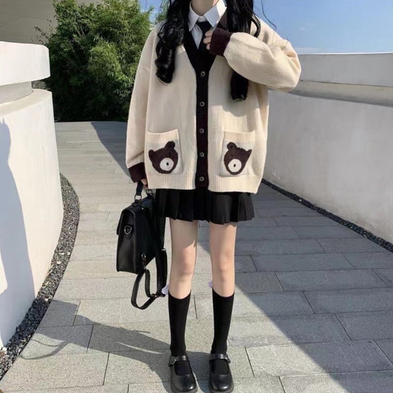 Cute Bear Print Long Sleeve Knit Outerwear Button Up Knitted Cardigan Loose Sweater Cardigan Coat Women Casual Drop Shipping alx