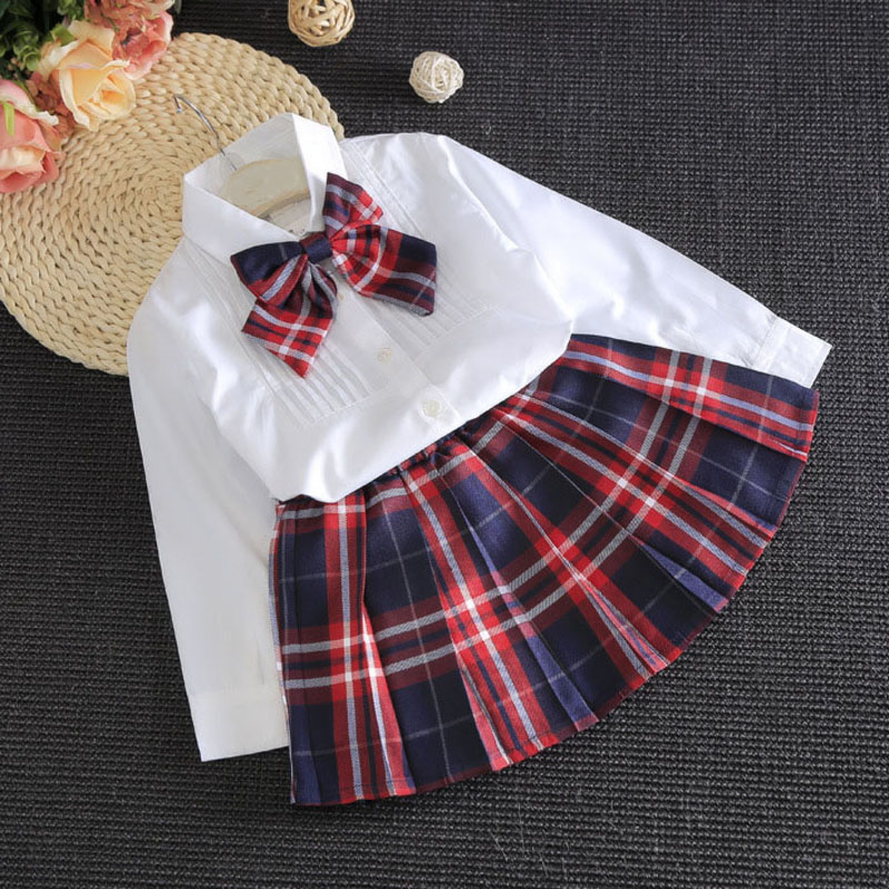 2022 Spring Summer Girl Suit Casual Clothing Autumn British Style Pure White Shirt + Plaid Skirt + Bow Children’S School Uniform alx