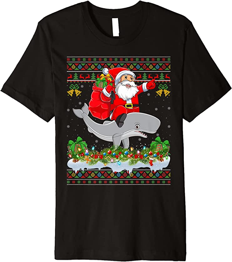 Sperm Whale Xmas Ugly Santa Riding Sperm Whale Christmas Premium T-Shirt