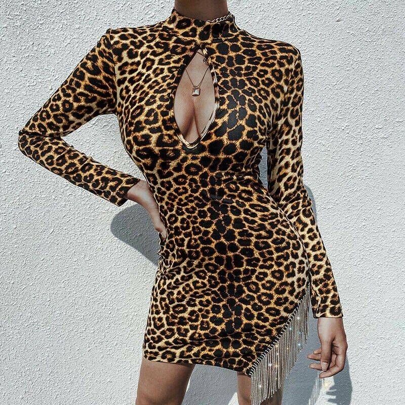 Sexy Long Sleeve Sexy Turtleneck Slim Leopard Dress