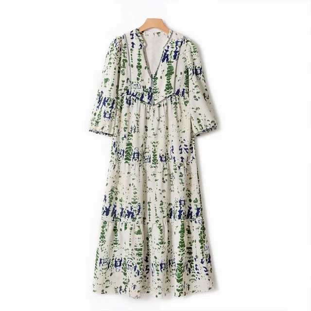 Women Tie-dye Mid-calf Dress Three Quarter Sleeve Loose Holiday Style 2022 New V-neck Ladies Spring Summer Robe alx