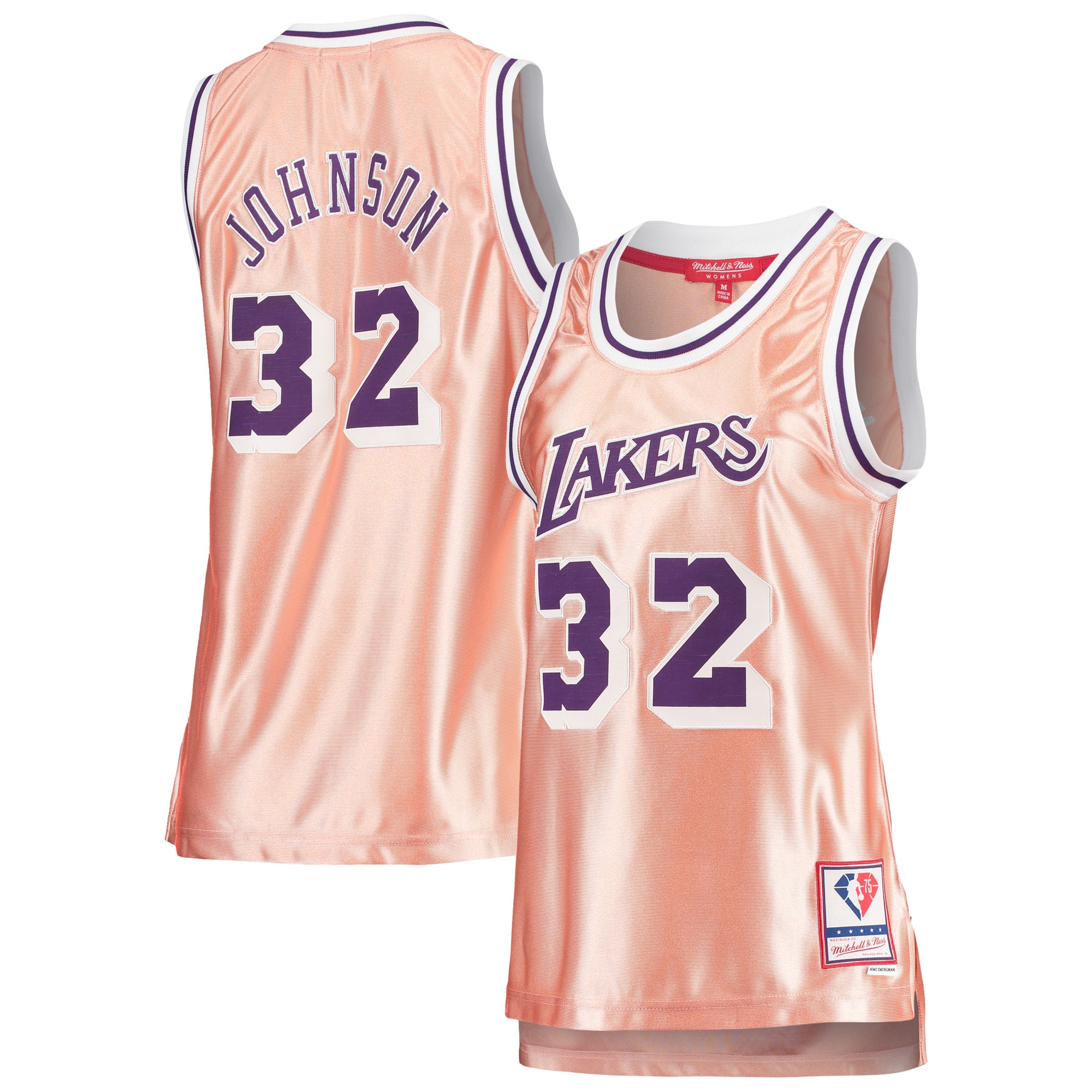 Women's Mitchell & Ness Magic Johnson Pink Los Angeles Lakers 75th Anniversary Rose Gold 1984 Swingman Jersey