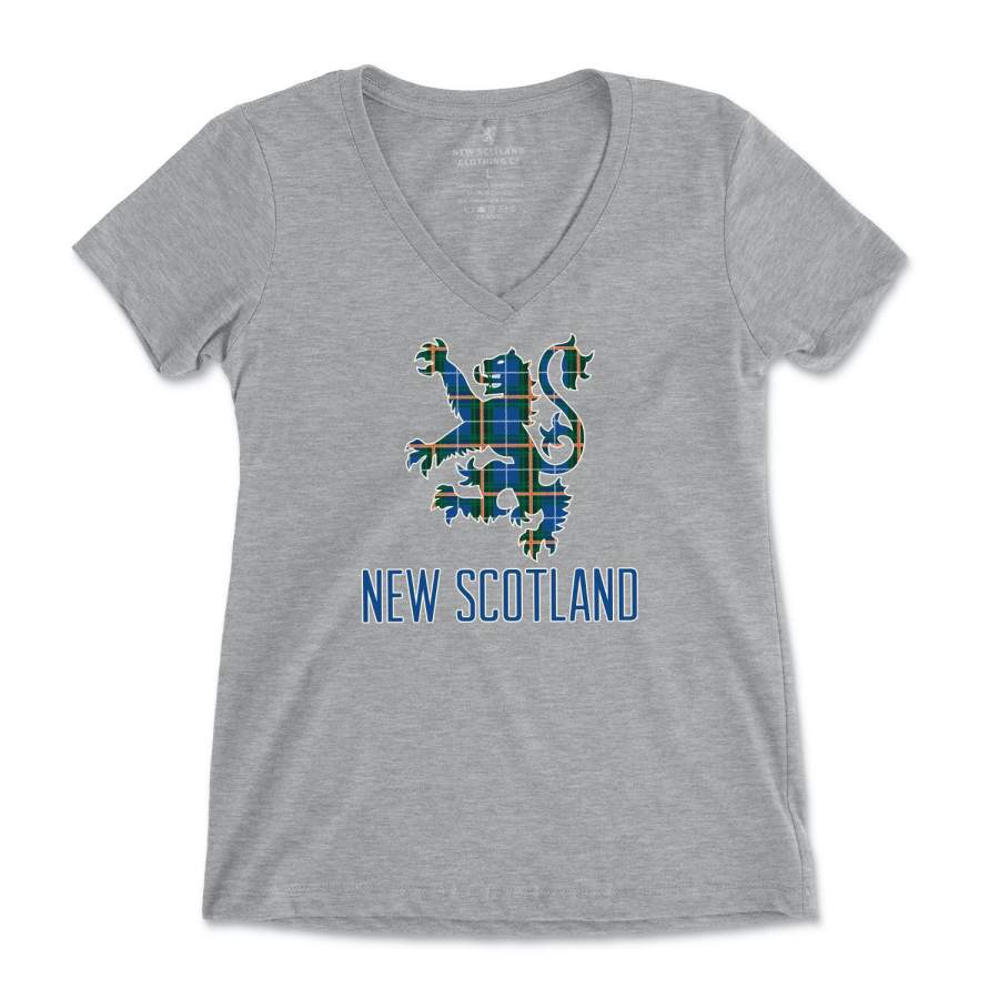 50/50 Organic Recycled Nova Scotia Tartan Lion V-Neck T-shirt in Heather Grey