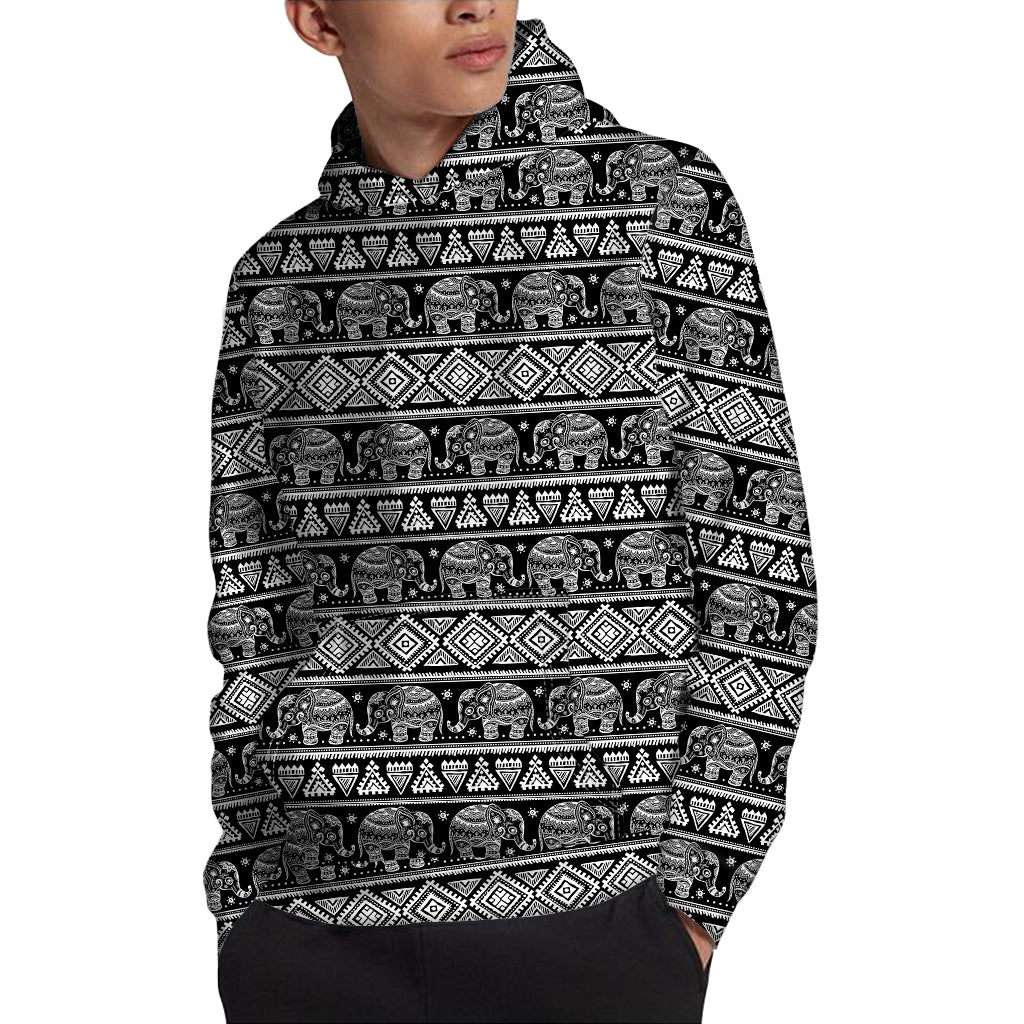 Black And White Indian Elephant Print Pullover Hoodie