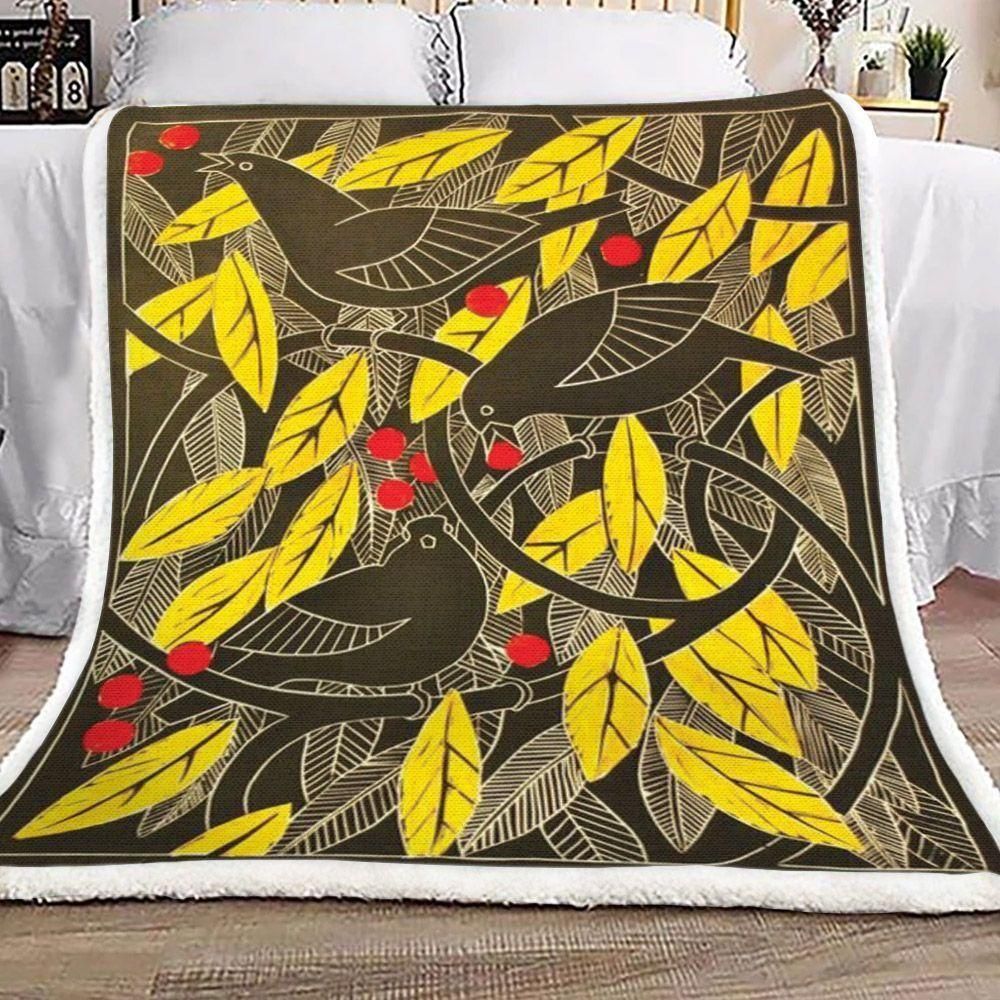 Bird And Yellow Leaves Fleece Blanket, Sherpa Blanket, Gift For Aunt Gift For Parent, Family Member, Friends Gift, Christmas Gift, Home Decor, Home Living