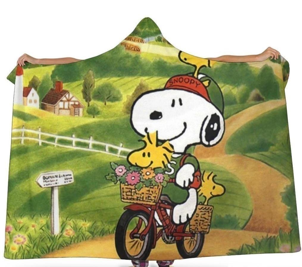 Snoopy & Woodstock Riding Bicycle Hooded Blanket