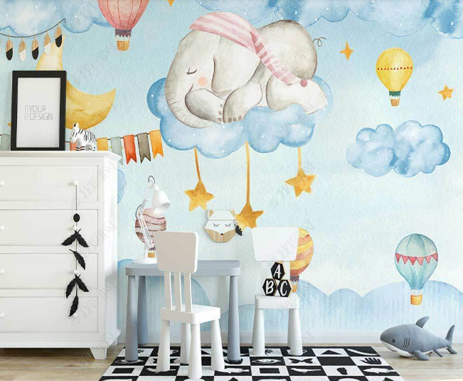 3D Watercolor Sky Blue Cloud Elephant Wall Mural Wallpaper Lqh 38