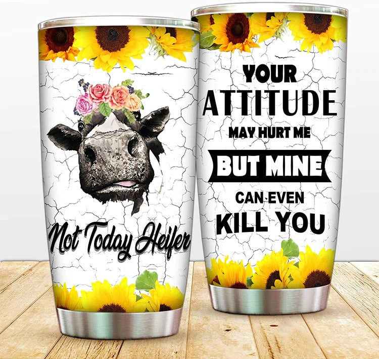 Cute Sunflower Cow Tumbler, Your Attitude May Hurt Me Stainless Steel Tumbler, Cow Tumbler Lovers, Tumbler Gifts For Cow Lovers