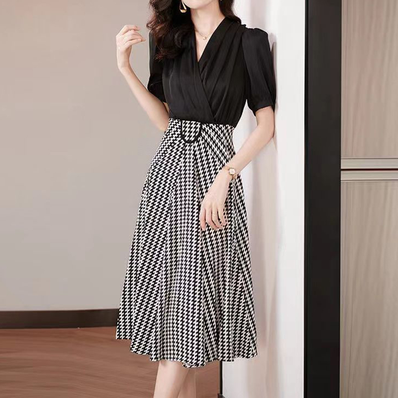 2022 Summer Korean Style Elegant Fashion Plaid Patchwork Waist Midi Dresses Office Lady Short Sleeve Temperament Dress Vestidos alx