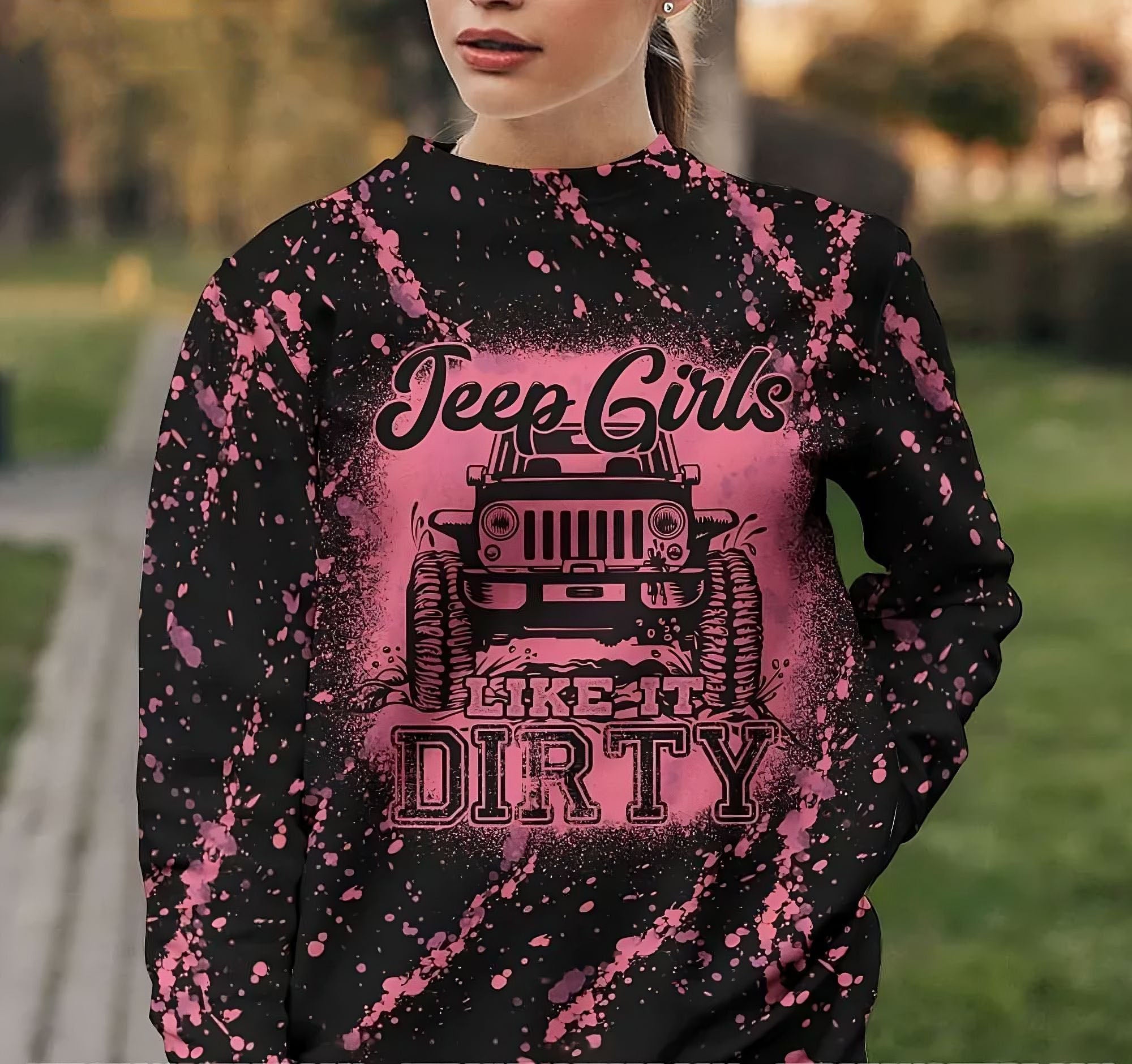 Jeep Girls Like It Dirty Pink Bleached All Over Print Sweatshirt