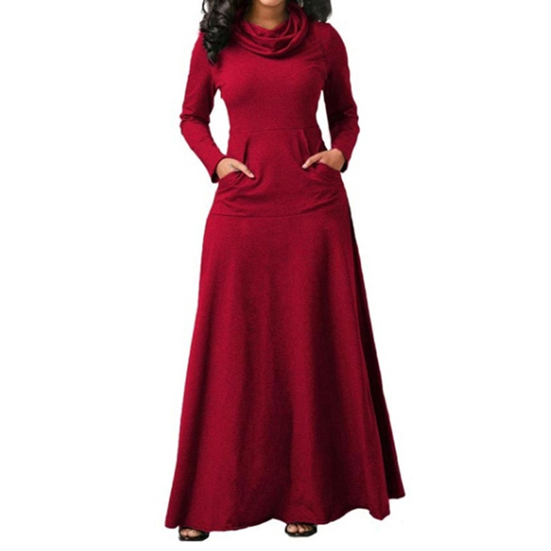Plus Size 5XL Elegant Long Maxi Dress Autumn Winter Warm High Collar Women Long-sleeved Dress 2019 Woman Clothing With Pocket alx