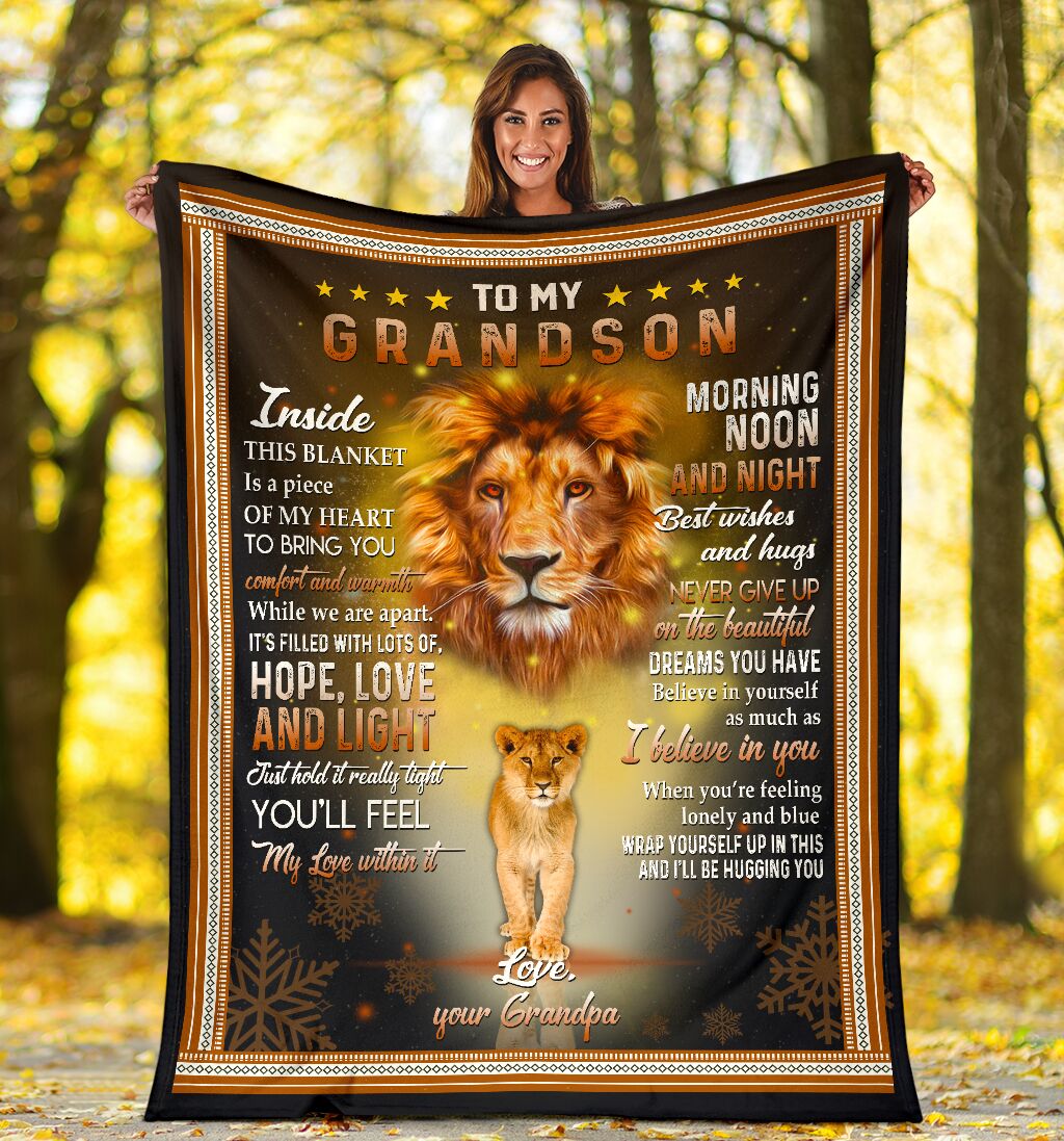 To My Grandson, Never Give Up On The Beautiful Dreams You Have, Lion, Gift For Grandson, Sherpa Blanket