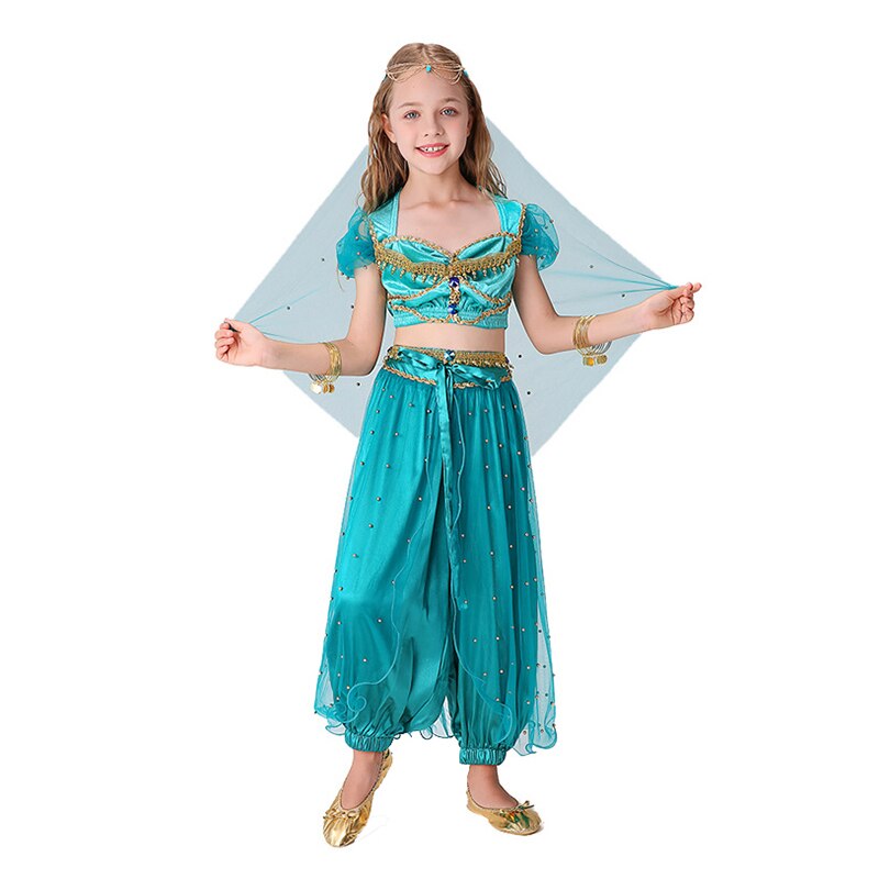 Arabian Princess Costume for Girls Dress Up Birthday Halloween Party Jasmine Princess Fancy Outfit 3 Pieces Set Top Pant Veil alx