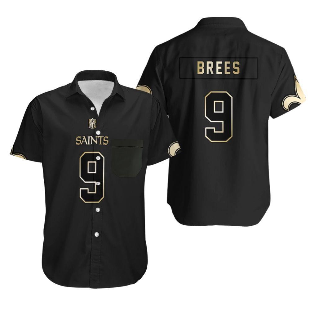 Beach Shirt New Orleans Saints 9 Drew Brees Black Golden Edition Mens Jersey Inspired Hawaiian Shirt