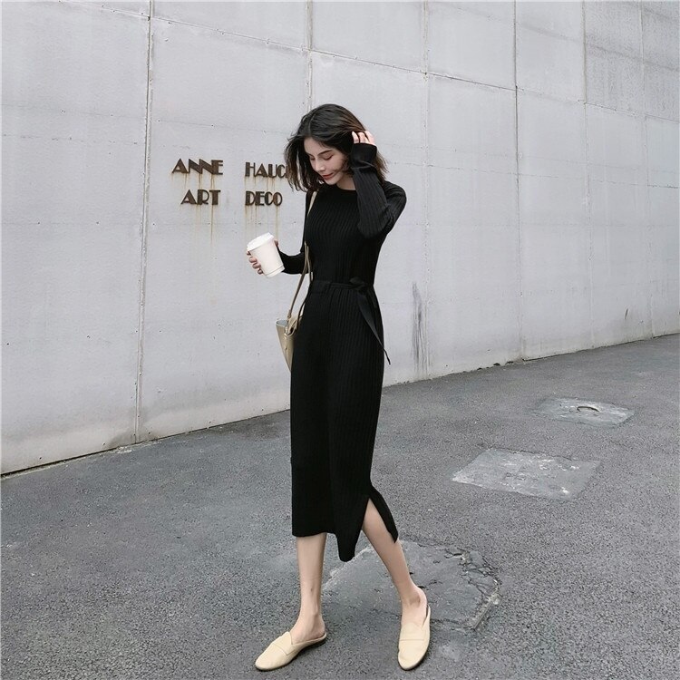 Women Sweater Dress Autumn Casual Maxi Dress Round Neck Long Sleeve Slim Split Knit Long Dresses alx