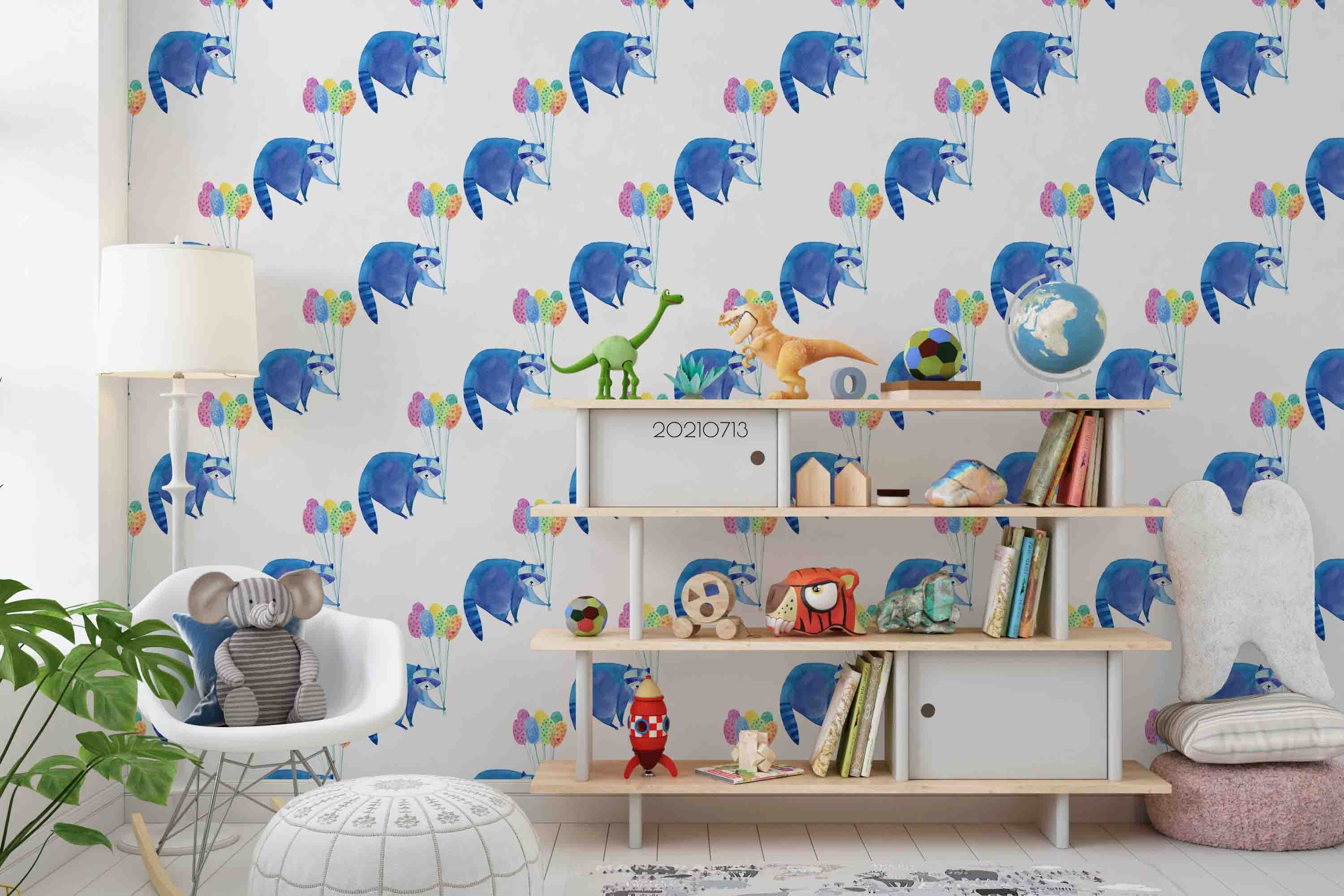 3D Hand Drawn Animal Raccoon Balloon Wall Mural Wallpaper Lqh 157