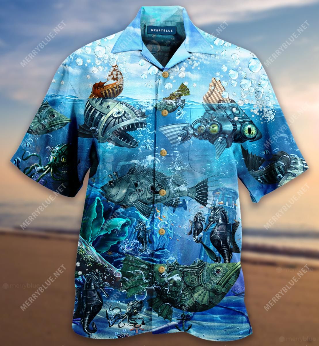 Undersea Steampunk Fish Aloha Hawaiian Shirt Colorful Short Sleeve Summer Beach Casual Shirt For Men And Women