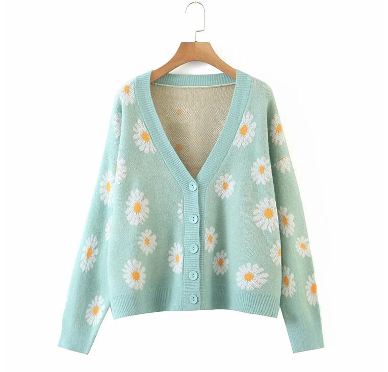 Sweet Button Down Sweater Cardigan Women Loose Knit Coat Autumn Spring Casual Lady Long Sleeve V Neck Floral Outerwear Sweater alx