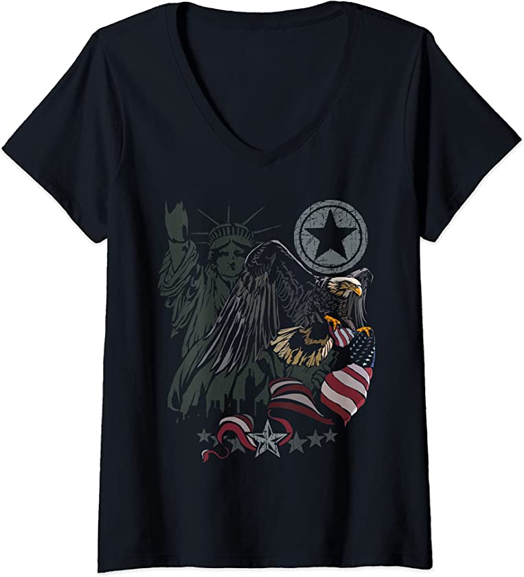 Womens Patriot Bald Eagle Spirit Animal Freedom USA American Flag V-Neck T-Shirt