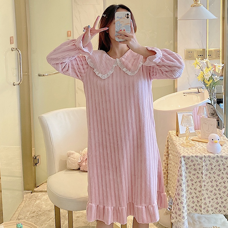 2022 New Winter Long Sleeve Thick Warm Flannel Nightgown for Women Korean Cute Lace Sleepwear Night Dress Nightdress Home Nighty alx