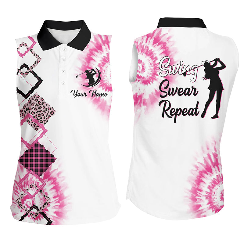 Women Sleeveless Polo Shirt Custom Pink Tie Dye Leopard Swing Swear Repeat White Golf Shirt For Women