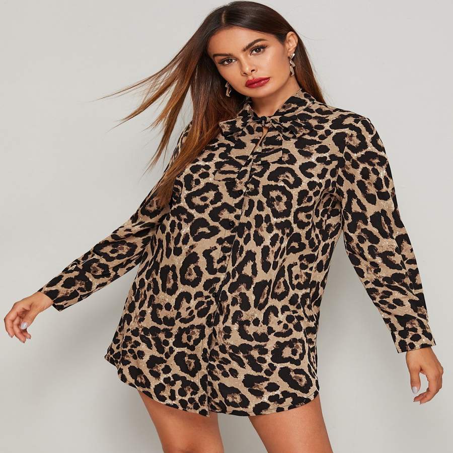 Tie Neck Leopard Print Shirt Dress