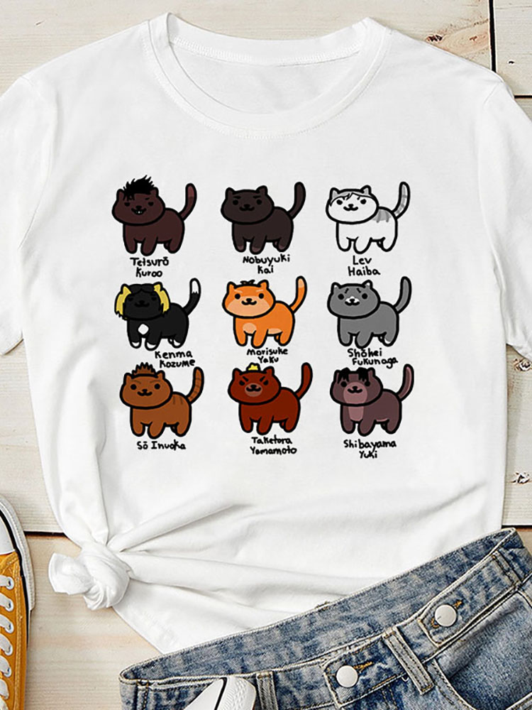 Student T-shirts Kawaii Cats Print Summer Women Fashion Printed Tshirt Cute Cat Graphic T-shirt Short Sleeve Streetwear Y2k Tee alx