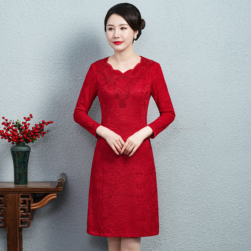 Autumn Winter Elegant Vintage Floral Casual Midi V neck Dress Long Sleeve Middle-aged Mother Dresses new Women Vestidos alx