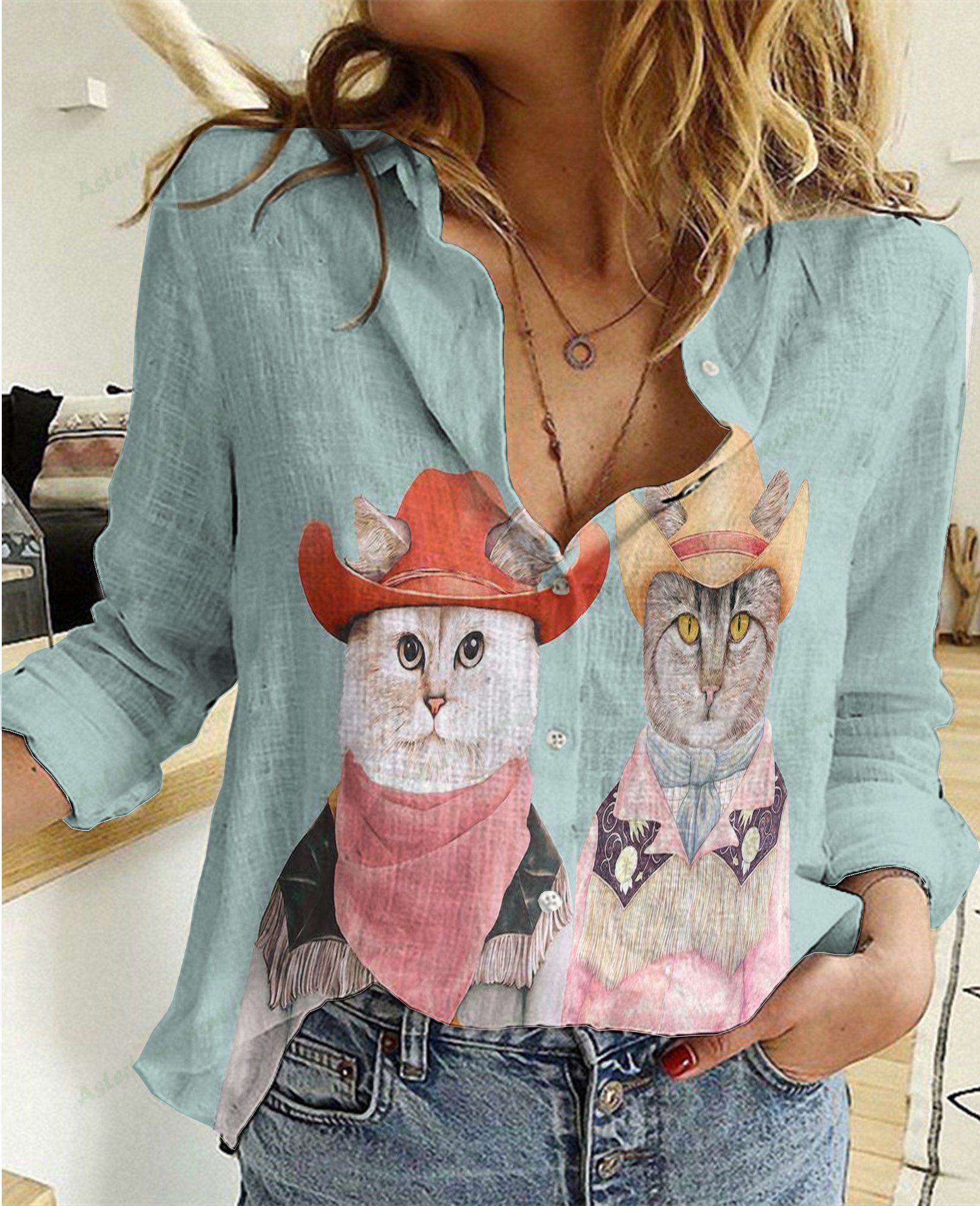 Cat Cotton And Linen Casual Shirt, Couple Cat Linen Shirt