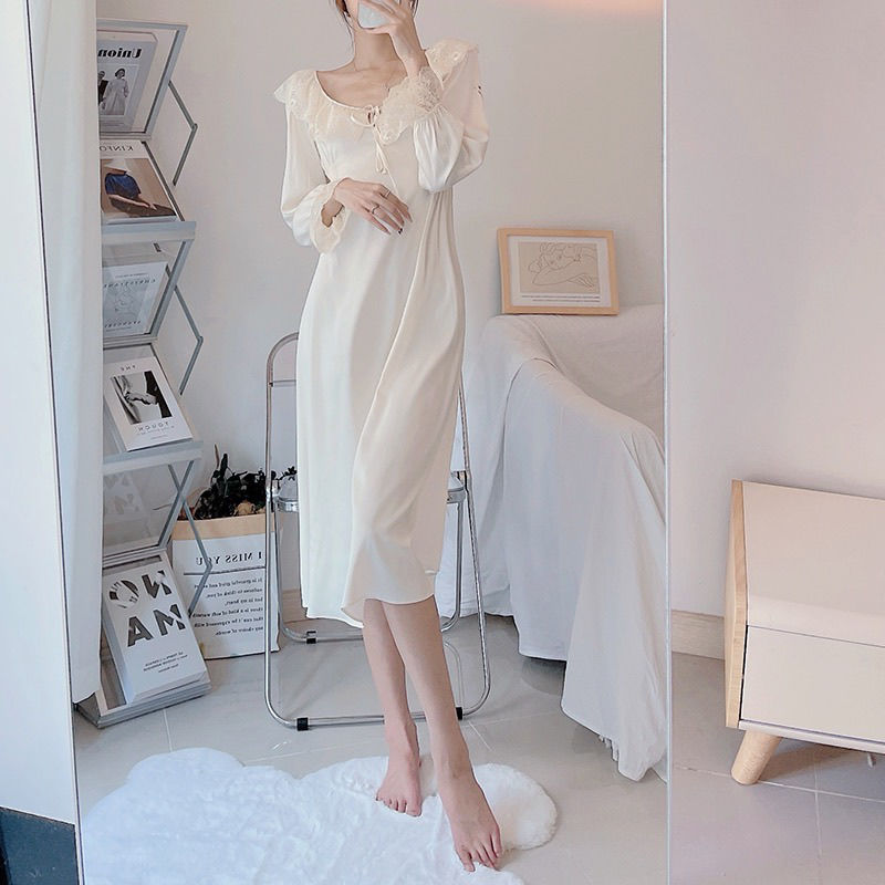 Women Nightgown Ice Cozy Breathable Lace Princess Sexy Bandage Long Sleeve Sleepwear Elegant Over Knees O-neck Sleepshirt S-4XL alx