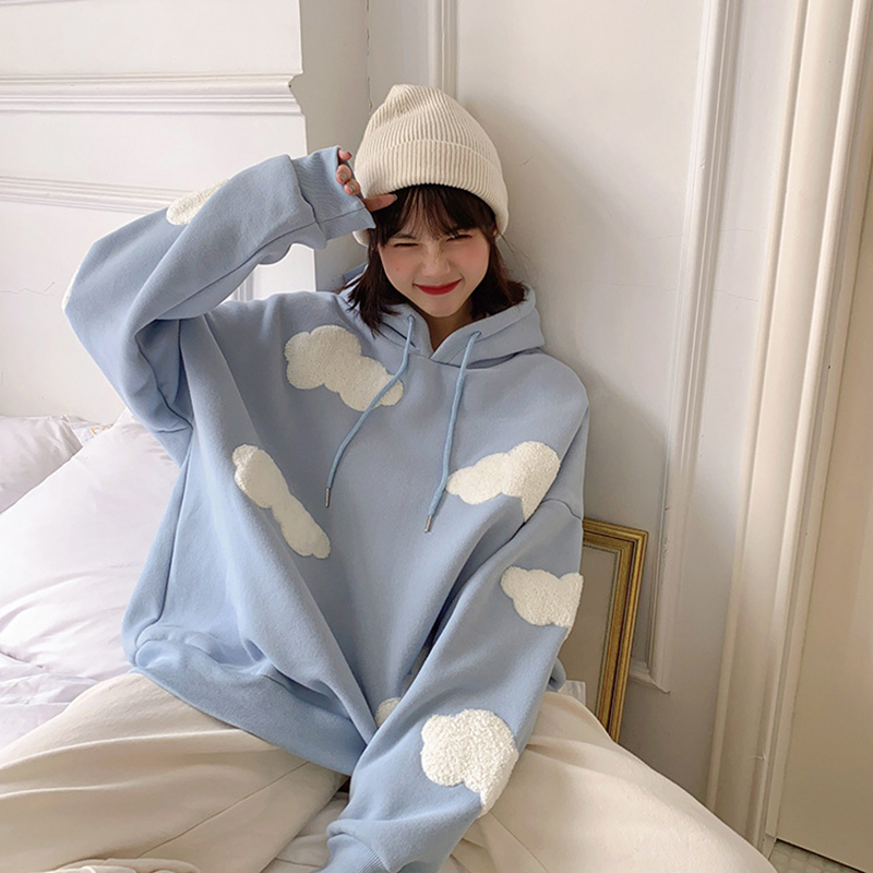 Blue White Cloud Hooded Sweatshirt Kawaii Full Sleeve Pullover Hoodies For Womens Clothes Female Harajuku Tops Oversized 2XL alx