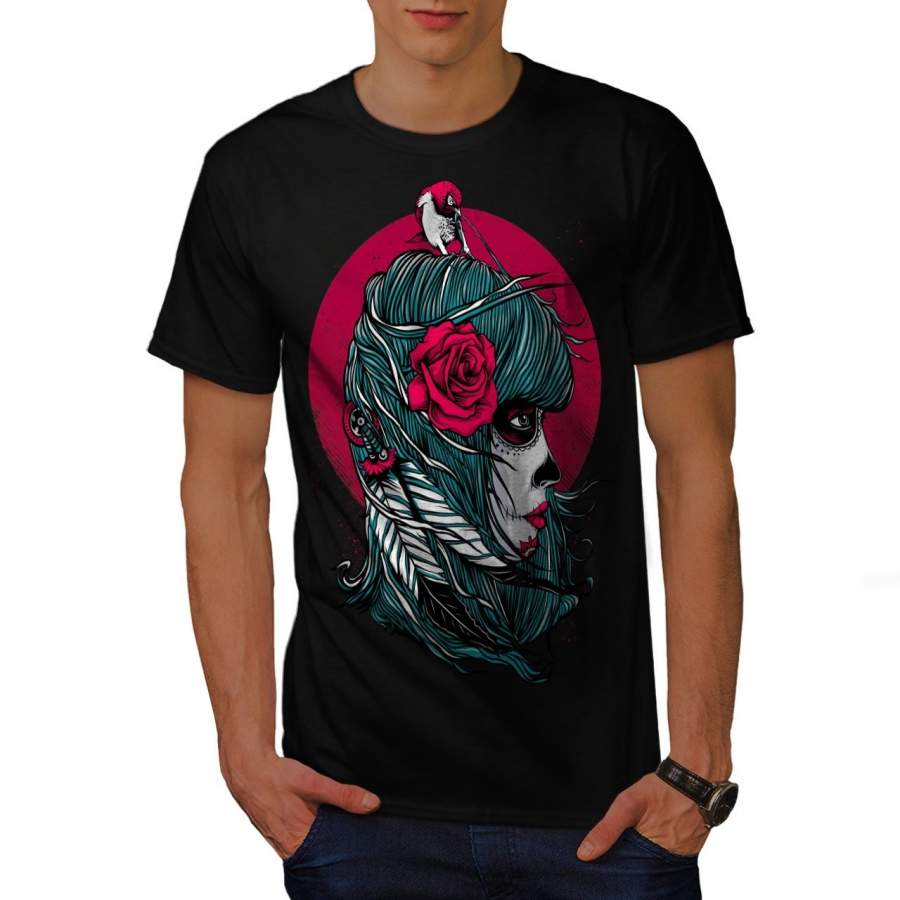 Sugar Rose Skull Fantasy Mens T-Shirt, Bird Graphic Design Printed Tee