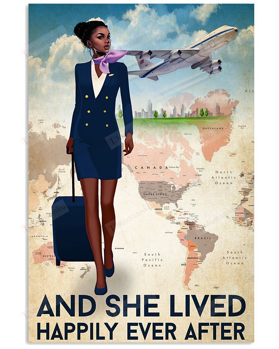 Black Girl And She Lived Happily Ever After Flight Attendant Poster Print Perfect, Ideas On Xmas, Birthday, Home Decor,No Frame Full Size