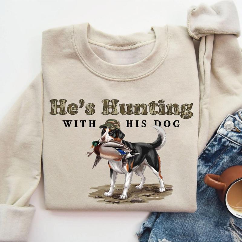 He’s Hunting with His Nova Scotia Duck Tolling Retriever Dog Unisex Crewneck Sweater, Hunting Camo Bottomland Duck Hunt Shirt