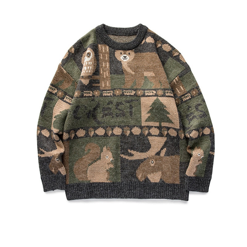 Christmas Jumper Korean Sweater Men Knitted Bear Pattern Block Oversized Couples Casual Pullovers Sweaters Male