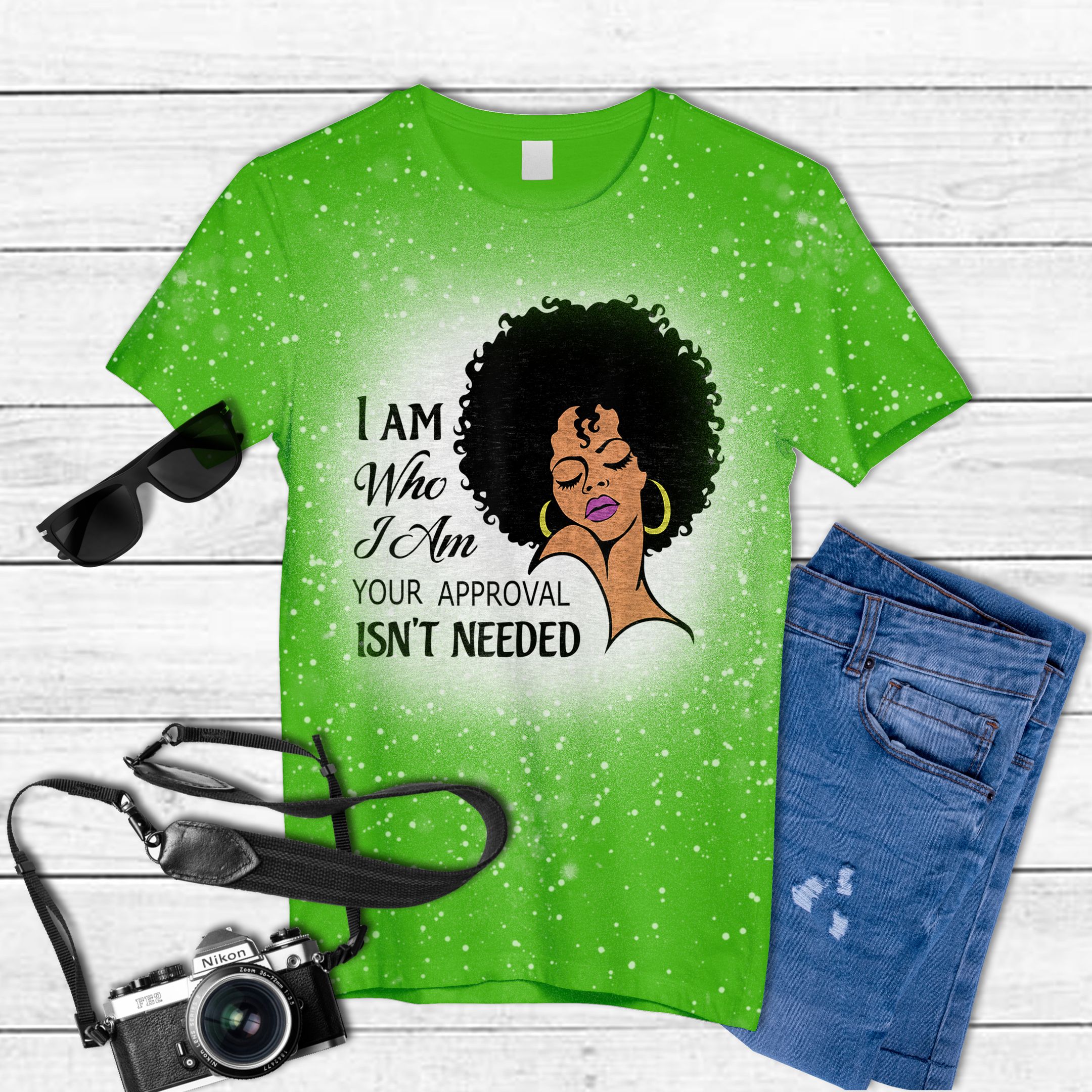 Black Queen Lady Curly Natural Afro African American Ladies Tie Dye Bleached T-Shirt