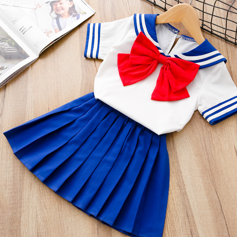 Baby Girls Clothes Sets Summer Bow Striped Tops Pleated Skirts Suits Cute Sailor Moon Cosplay Party Custume Children Clothes Set alx