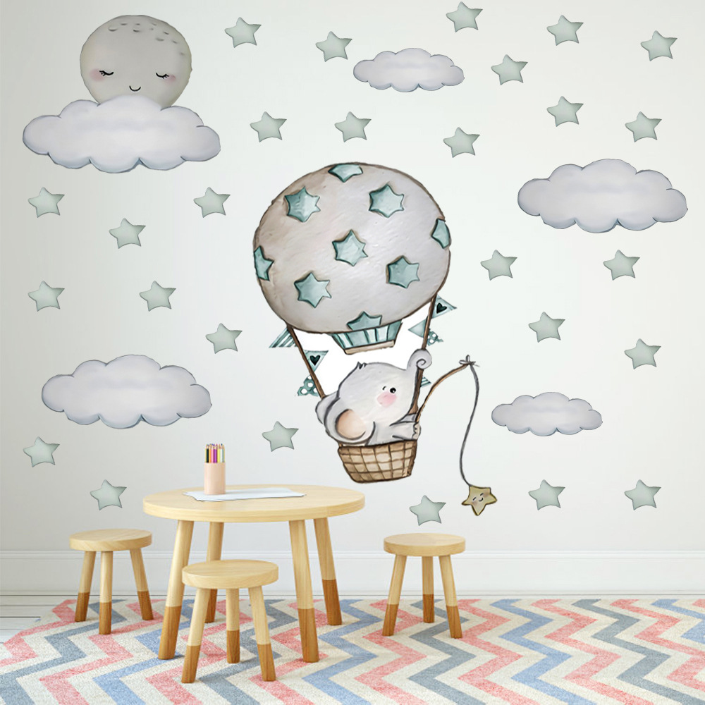 Hand Painted Hot air balloon Cartoon Elephant Star Wall Stickers for Kids Baby room Decals Vinyl Eco-friendly Sticker Home Decor alx