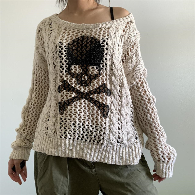 sweater women aesthetic Off Shoulder Gothic Skulls Pattern Loose Crochet Hollow Knitwear Tops y2k Clothes alx