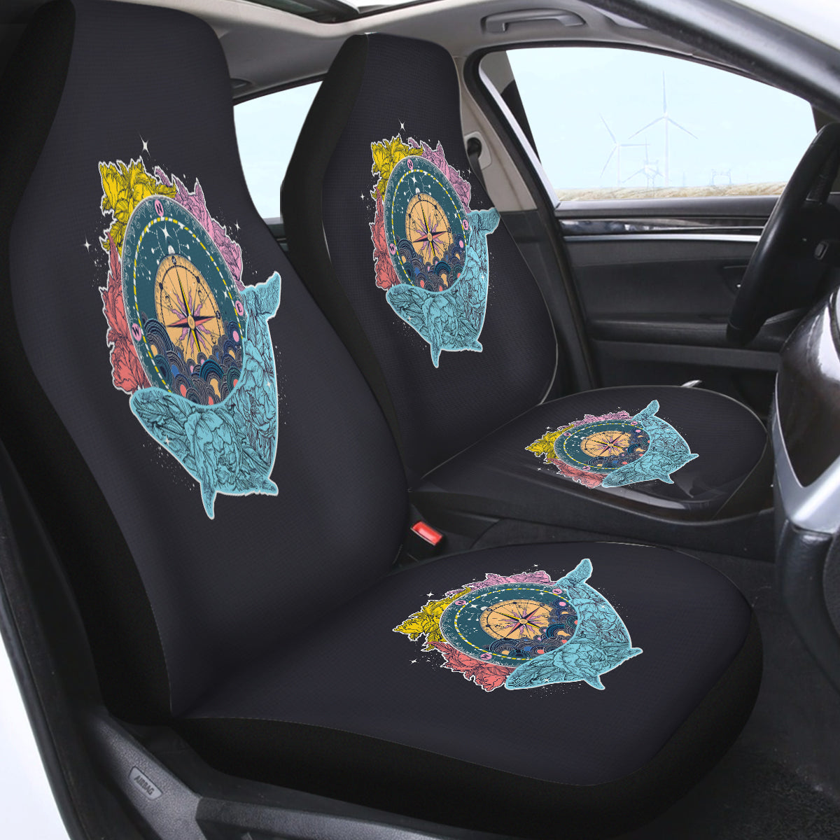 Vintage Floral Pattern On Whale & Compass Swqt3763 Car Seat Covers