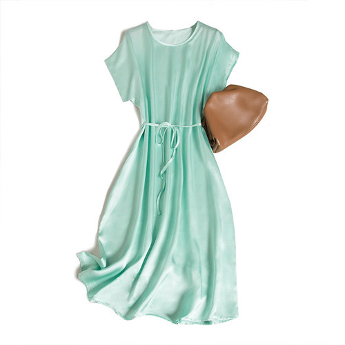 2022 Fashionable Women’s New 100% Natural Mulberry Silk Satin Silk Water Green Raglan Sleeve Dress alx