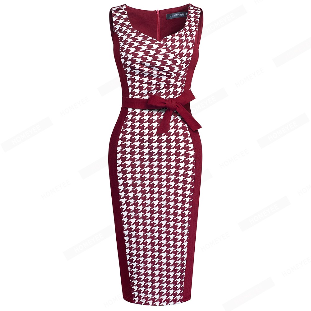 Women Modern Elegant Sleeveless Square Collar Houndstooth Patchwork Bow Bodycon Pencil Dress EB657 alx