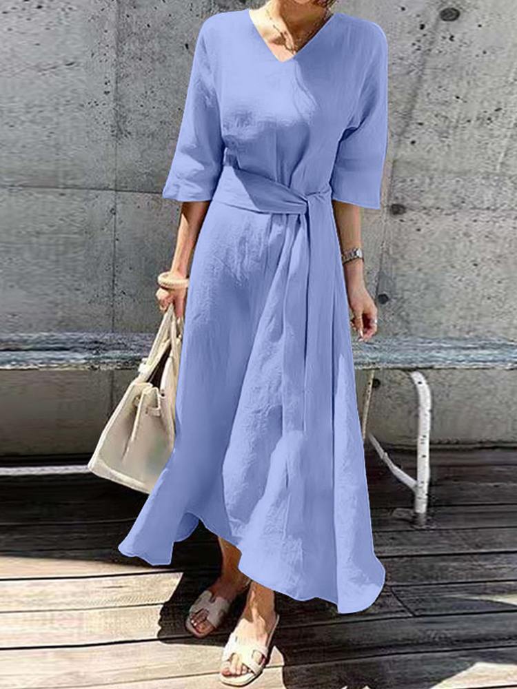 Summer Solid Cotton Maxi Dress ZANZEA Fashion 3/4 Sleeve Robe Femme 2022 Women’s V Neck Vestidos Casual Belted Sundress Oversize alx